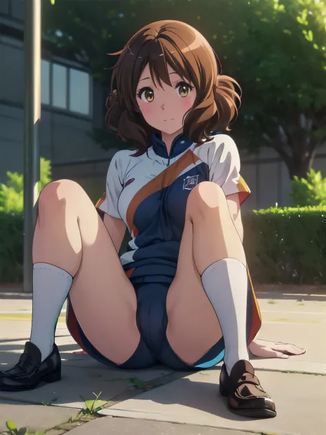 (Realistic, photo Realistic:1.2), ((Highest quality)), Shift the center of gravity backwards, Quite embarrassing, you_Kumiko_Euphonium Sound, brown_hair, short_hair, brown_eye, blush, Seraphim, 前hair, Bloomers, Gym suit, Sports boots, (Sit on the ground:1....