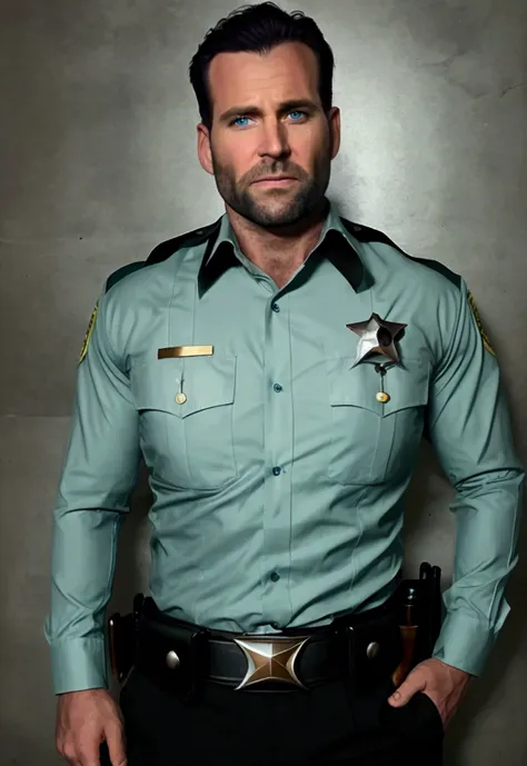 eionbailey, masterpiece, best quality, realistic, photorealistic, 1boy, upper body, (sheriff uniform:1.5), very short hair, dark...