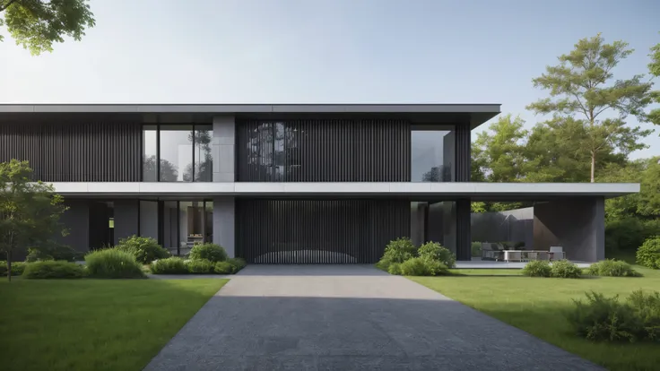 MODERN HOUSE, 3DMAX CORONA RENDER, VRAY, GREEN TREES AROUND, garden, road, day light, sun light, ultra realistic, ultra high detail, (sharpen)