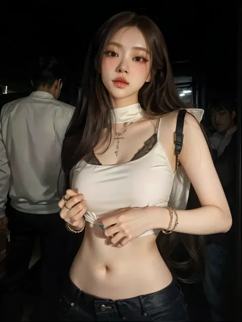 Araffe Asian woman wearing a white top and black pants., Beautiful young Korean woman, beautiful chinese model, korean girl, her navel is exposed, beautiful south korean woman, thin girl photo model, Beautiful young Korean woman, thin girl photo, Korean fe...