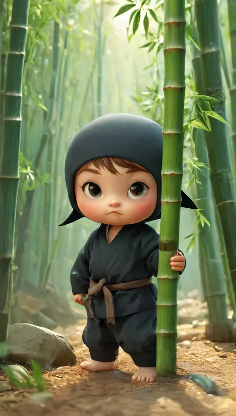 isometric cute baby ninja, hiding behind bamboo, solid background