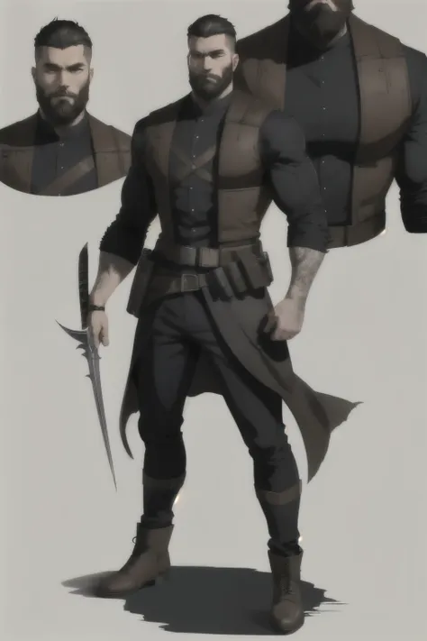 ((best quality)), ((artwork)), ((detailed)), man, short hair, bearded, tall, vigilante outfit, full body.
