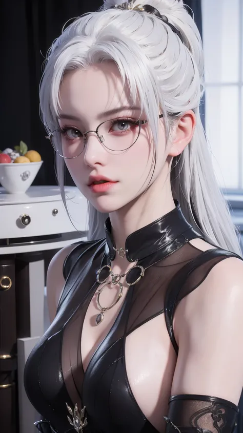 Domineering female CEO，Slim，White hair，长White hair，Lying in bed，Full body portrait，Black pantyhose，（top view），close up，wear glasses，Wearing a black suit，mini skirt，On the stomach