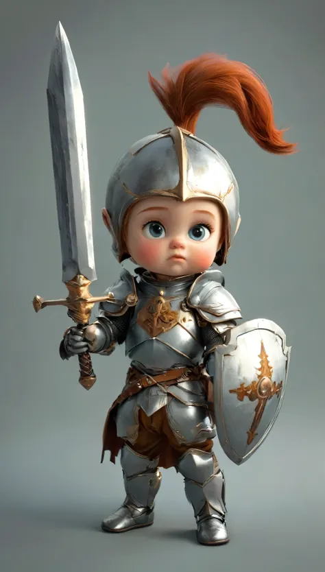 Isometric cute baby knight, holding a tiny sword and shield, solid background