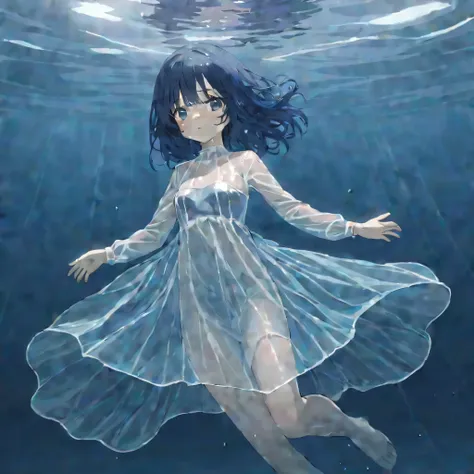 A girl with dark blue hair and a wet transparent dress floats under the sea