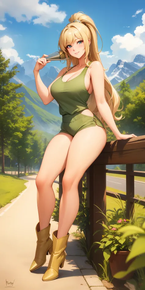 best quality, ultra-detailed, photorealistic: 1.39) masterpiece, best quality, Beautiful trees, rocky mountain top, flowers, blonde hair, shy smile, making a shy expression, stylish hairstyle, on the road, adventurer clothes, jumpsuit, tank top and ankle b...