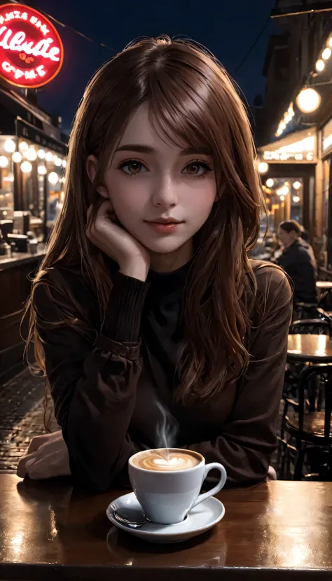 Café, 1 fille, Café, Réaliste, nuit, Point de vue, buvant du café