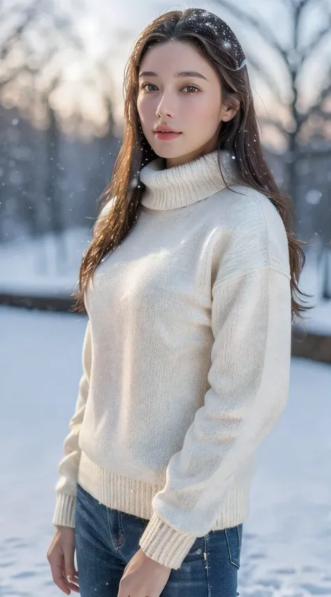 (masterpiece:1.35),(best-quality:1.4),8k,ultra-detailed,photography,(ultra-realistic:1.4), adult girl, long hair, sweater, snowing background,