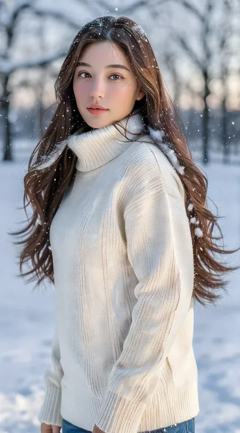 (masterpiece:1.35),(best-quality:1.4),8k,ultra-detailed,photography,(ultra-realistic:1.4), adult girl, long hair, sweater, snowing background,