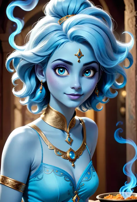 realistic, analog photo, Masterpiece, RAW photo, middle shot, photorealistic, (detailed cute face), genie, (folkloric Arabic creature), (in "Aladdin" style), (cute female, looks like Rachel Cook), short blue hair, blue skin, detailed Arabic village on back...