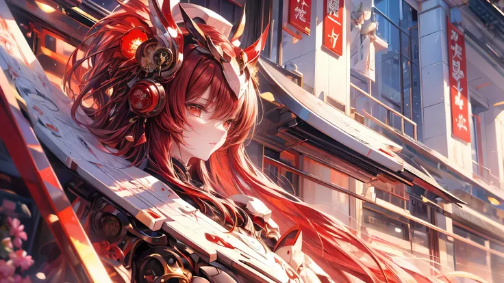 A world in crimson red, a girl dressed as a red geisha, very beautiful kimono, large scale murals, Multilayer dimensions, Red Sky, red japanese architecture, red gradient, anime wallpaper lovely red lantern girl, Ultra detailed face, kawaii, in the style o...