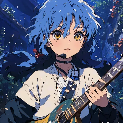 1 girl, blue hair, plays the guitar, yellow eyes, microphone