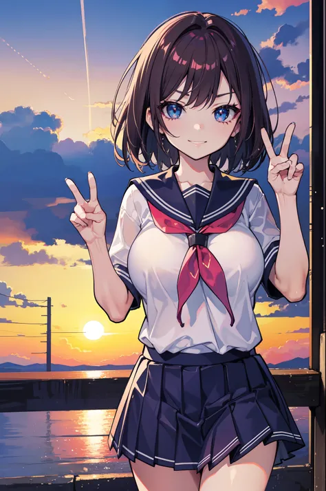 (hentai:1.1), (Ideal:1.1), (perfect:1.1), (flawless:1.1), (highest quality:1.2), (best quality:1.2), (sunset:1.1), 1girl, (kawaii:1.1), (school uniform:1.1), peace sign, cute girl, (little girl:1.1), (child:1.05), (loli:1.1), (naughty smirk:1.2), lewd pose...