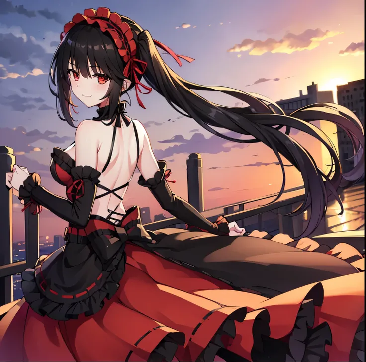 ((1girl)),((alone)), kurumi tokisaki,(masterpiece), (best quality), (ultra detailed), (best illustration), (best shadow), (absurdities), sharp focus, cowboy shot , dynamic posture looking at the viewer, big breasts, narrow waist, wide hips, wide thighs, ro...