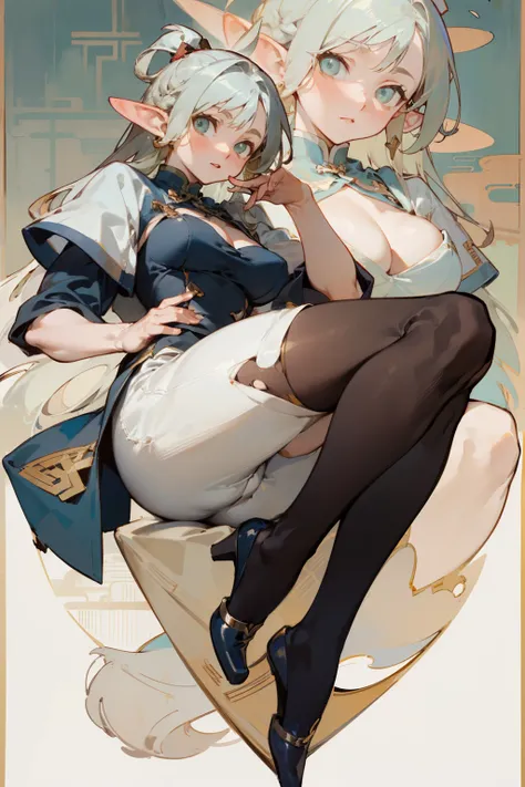 (masterpiece, best quality) detailed, Wearing black tights, silver accessories ,  bionde ,elegant, Pointed ears ，Chinese element pattern，thigh，thigh shown，White skirt，Clothes are torn，individual，Alphonse Muchaedium Breasts