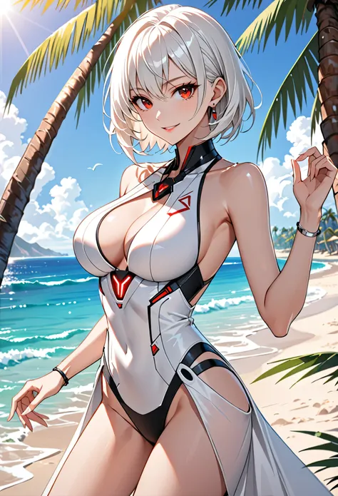 solo female, short white hair, red eyes, large breasts, female ceo, futuristic, simple elegance, elegant clothes, beach, swimsui...