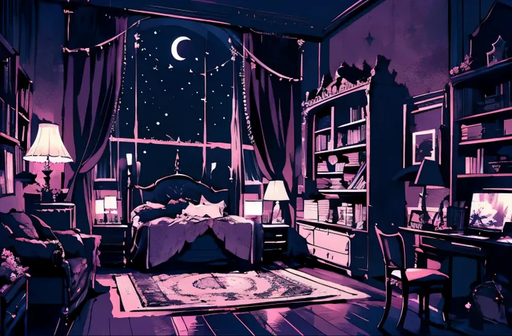 background、highest quality、detailed、gothic atmosphere、room illustration、、illustration in black and pink tones、spacious room、nigh...