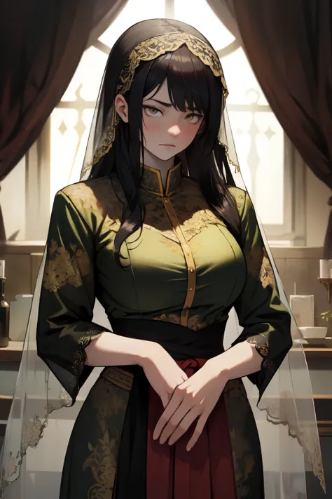 expressionless sad girl dark atmosphere veil black hair yellow eyes pale skin muscular girl huge breasts traditional clothes lace fabric gloomy veil 