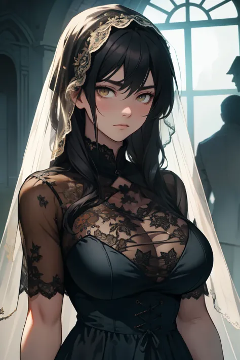 expressionless sad girl dark atmosphere veil black hair yellow eyes pale skin muscular girl huge breasts traditional clothes lace fabric gloomy veil 