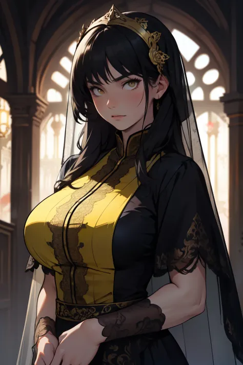 sad girl dark atmosphere dark atmosphere veil black hair yellow eyes pale skin muscular girl huge breasts traditional clothes lace fabric gloomy veil 