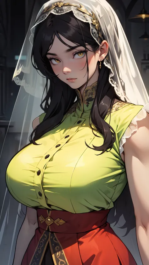 sad girl dark atmosphere veil black hair yellow eyes pale skin muscular girl huge breasts traditional clothes lace fabric gloomy veil 