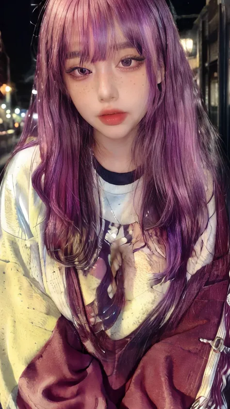 masterpiece, Highest quality,Realistic,Absurd,One Girl,View your audience,Egirl_face, night, street, face detail, face retouch,笑face, Laughter, Thin bangs, Lock, blush, freckles, Rainbow Hair, Full body image, Oversized sweatshirt,She is leaning forward an...