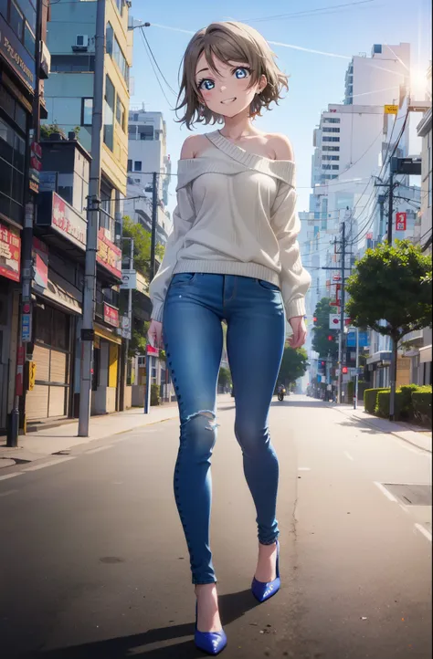 Yo Watanabe, Watanabe Yo, short hair, blue eyes, Brown Hair, smile, Grin,One-shoulder sweater,Skinny jeans,Stiletto heels,Walking,morning,morning陽,The sun is rising,So that the whole body goes into the illustration,
Destroy outdoors, Destroying a city of b...