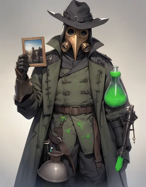 solo, score_9, score_8_up, score_7_up, male warlock, black wide brimmed hat, plague doctor mask, green glow on plague doctor mas...