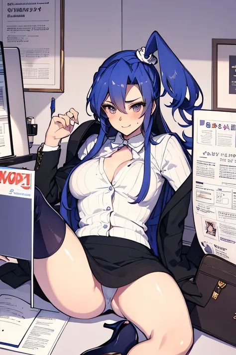 masterpiece,office,Blue Hair、,Black jacket,White shirt,The chest is exposed,Spread your legs,M-foot:1.7,Job hunting suit:1.5,Ahega,Sexual climax:1.5, Pencil Skirt,High heels