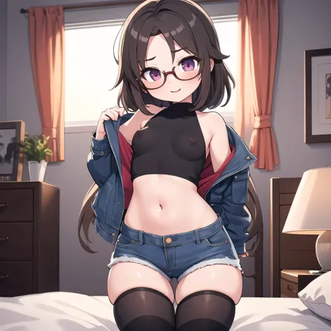 (masterpiece, best quality), 1girl, small breasts, small hips, crop top, denim shorts, bedroom, striped thighhighs, pervert, showing breast, nipple, lewd, seductive, glasses,