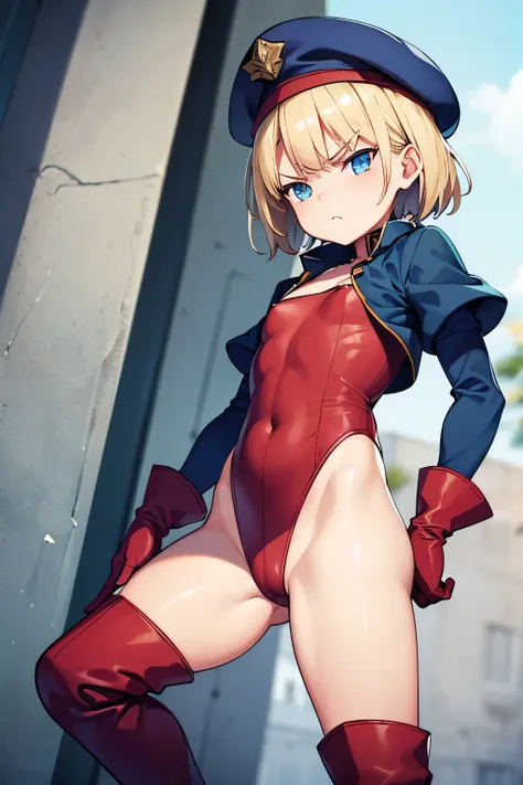     girl ,   small girl , short blonde hair ,  blue eyes,  angry  face , scar ,  body , red militar  beret , green leotard , flat chest , gloves ,long boots .standing. 