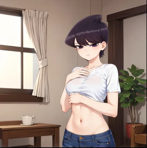 ((1girl)),((alone)), komi shuuko,(masterpiece), (best quality), (ultra detailed), (best illustration), (best shadow), (absurdities), sharp focus, cowboy shot , dynamic posture looking at the viewer, big breasts, narrow waist, wide hips, wide thighs, round ...