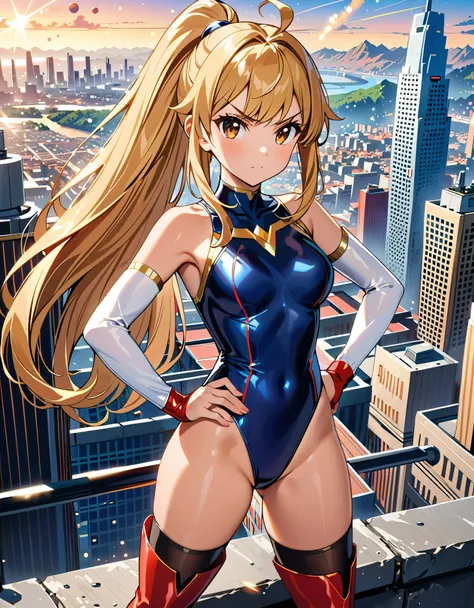 (masterpiece), (best quality), (high res), highly detailed, professional, 1girl, solo, solo focus, superhero, anime style, serious, v-shaped eyebrows, perfect hands, complete fingers, white elastic sleeves, bare shoulders, leotard, navy leotard, blonde hai...