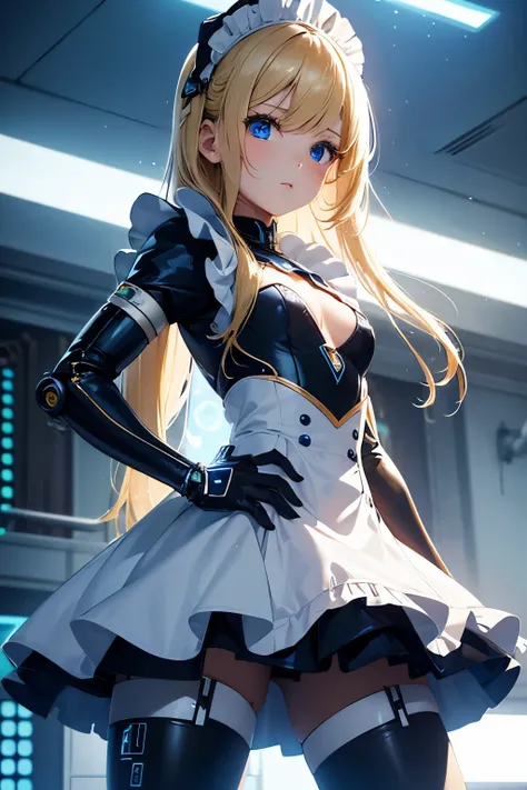   Ultra realistic, girl 8 year old , blonde long hair,  Headpones, blue eyes  , flat chest , technological suit maid , leds , maid style,  futuristic, android girl. Mechanical arms. Corpo inteiro,  Mansion 