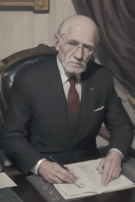 ((best quality)), ((artwork)), ((detailed)), old man, thinning hair, in a suit, sitting at the presidents desk