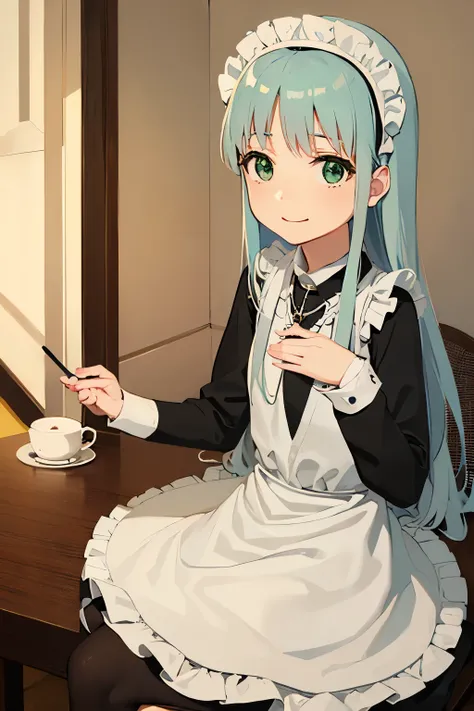 Long silver hair, green eyes, headband, necklace, maid clothing, flat chest, beautiful thighs, smile, happy, inside house