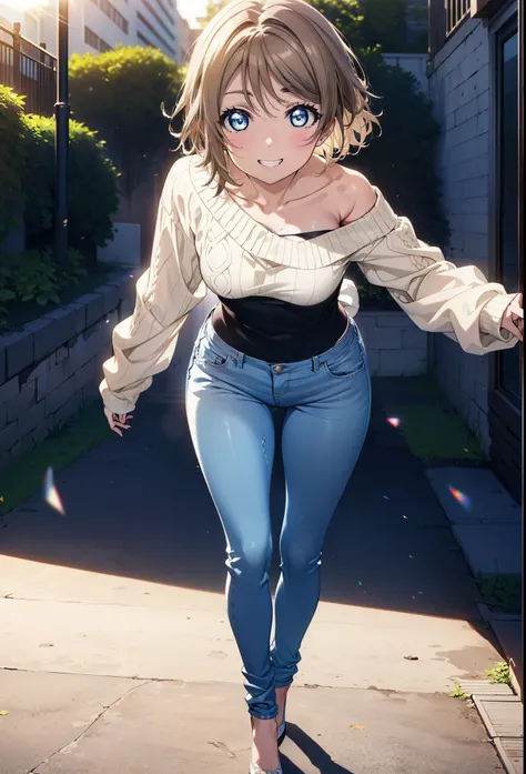 Yo Watanabe, Watanabe Yo, short hair, blue eyes, Brown Hair, smile, Grin,One-shoulder sweater,Skinny jeans,Stiletto heels,Walking,morning,morning陽,The sun is rising,whole bodyがイラストに入るように,
break outdoors, ビル街
break looking at viewer, whole body,
break (mast...