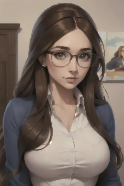 ((best quality)), ((artwork)), ((detailed)), woman, long brown hair, glasses,  nerd.