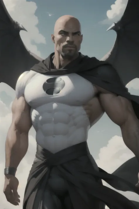 ((best quality)), ((artwork)), ((detailed)), bald man, muscular, black, in a white superhero outfit, with a cape on his shoulder, flying