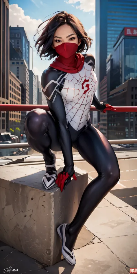 (masterpiece, best quality:1.2), solo, 1girl, cindymoon, looking at viewer, squatting, mouth mask, short hair, bodysuit, spider web print, cityscape scenery, rooftop