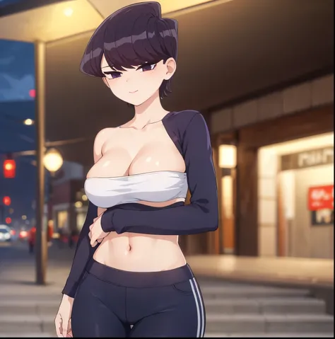 ((1girl)),((alone)), komi shuuko,(masterpiece), (best quality), (ultra detailed), (best illustration), (best shadow), (absurdities), sharp focus, cowboy shot , dynamic posture looking at the viewer, big breasts, narrow waist, wide hips, wide thighs, round ...