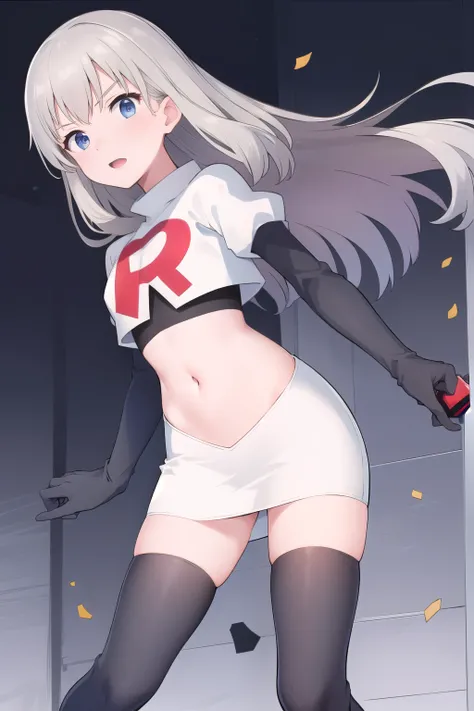 masterpiece, best quality, absurdres, perfect antomy, 1girl, solo, Itsumi Erika, bangs, team rocket,team rocket uniform,white skirt,red letter R,crop top,black thigh-highs,black elbow gloves