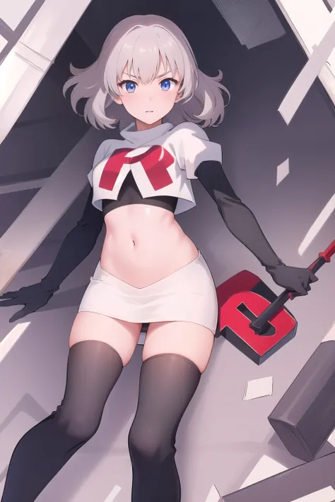 masterpiece, best quality, absurdres, perfect antomy, 1girl, solo, Itsumi Erika, bangs, team rocket,team rocket uniform,white skirt,red letter R,crop top,black thigh-highs,black elbow gloves