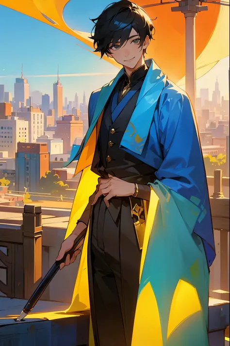 1 Male, teenager male, An artist, background city, Stunning light from distant brightens the scene, smile face, paintbrush, Casts a deep shadow on the clothes, colorful clothes, masterpiece, close up
