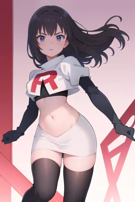 masterpiece, best quality, absurdres, perfect antomy, 1girl, solo, itsumi erika, bangs, team rocket,team rocket uniform,white sk...