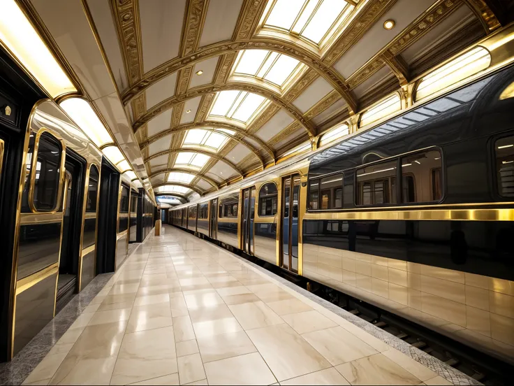 luxurious train station, grand architecture, elegant design, marble floors, gold accents, chandeliers, spacious hall, high ceilings, large windows, polished surfaces, premium materials, sophisticated lighting, stylish seating, opulent atmosphere, refined d...