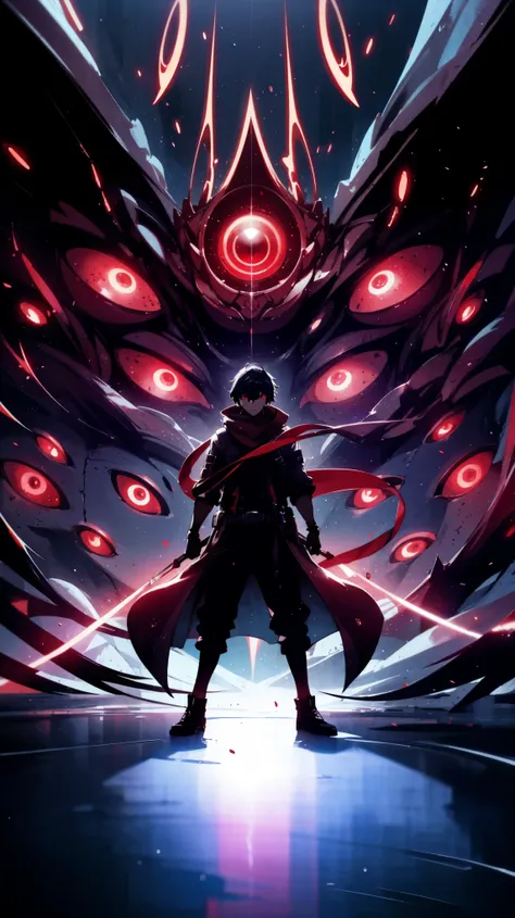 A mysterious warrior stands in front of a gigantic, cosmic creature with multiple red eyes, holding twin blades. The creatures eyes are embedded in a swirling, dark space, with crimson lights illuminating the surroundings. The scene is dramatic and intense...