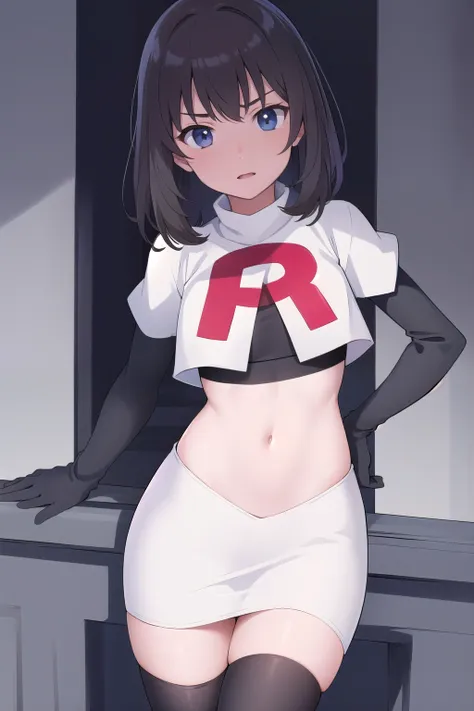 masterpiece, best quality, absurdres, perfect antomy, 1girl, solo, itsumi erika, bangs, team rocket,team rocket uniform,white sk...