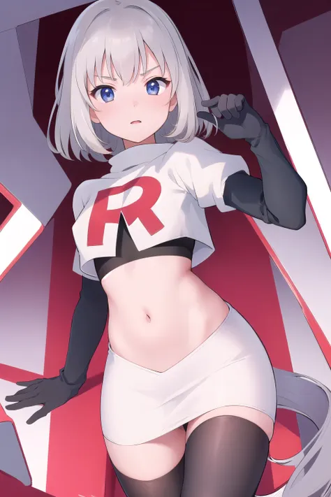 masterpiece, best quality, absurdres, perfect antomy, 1girl, solo, itsumi erika, bangs, team rocket,team rocket uniform,white sk...