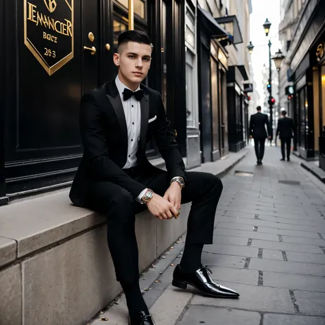 Full body Portrait,  Picture Of A Really slim teeenage white european boy with Short clean dark undercut haircut,  With Black Eyes,  Wearing dapper black suit and black tie , elegant black shoes and black sheer socks, gold signet ring with a black gem, eat...